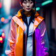 Kaori from akira wearing transparent raincoat, cyborg parts, rainy neo tokio photo shoot, cyberpunk